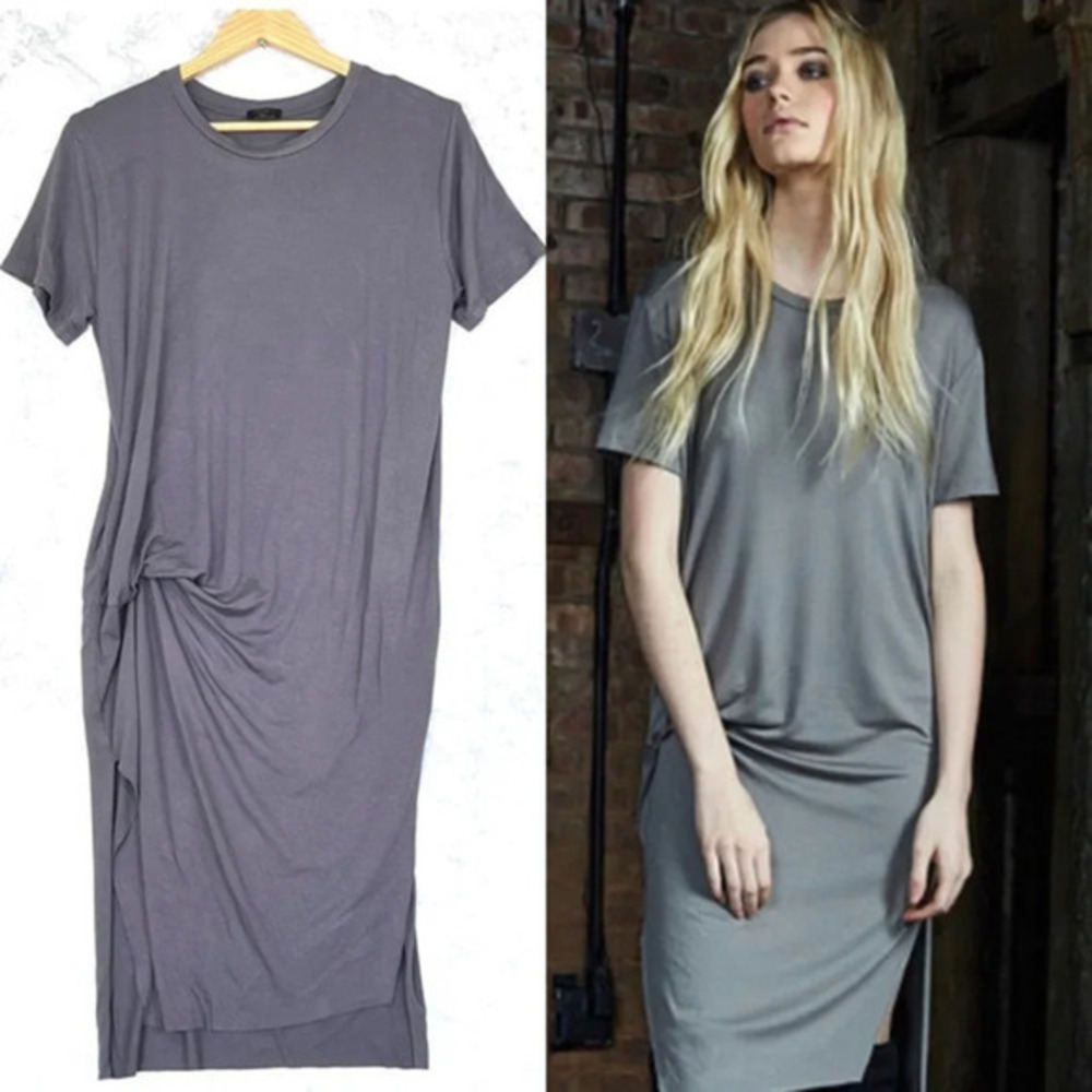 SEN Perry T-Shirt Dress Womens 2 Gray Jersey Midi Side Ruched Side Slits Minimal